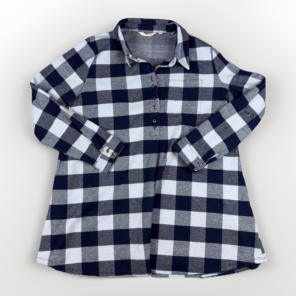 Soft‎ Surroundings Tunic Top Womens Large Navy Blue Buffalo Plaid Button Front